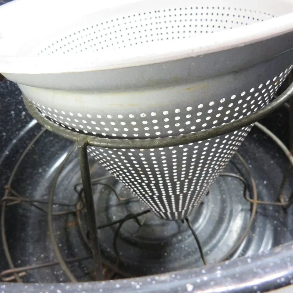 Complete Vintage Homestead Canning Set Graniteware Pot, Sieve, & Wood Pestle